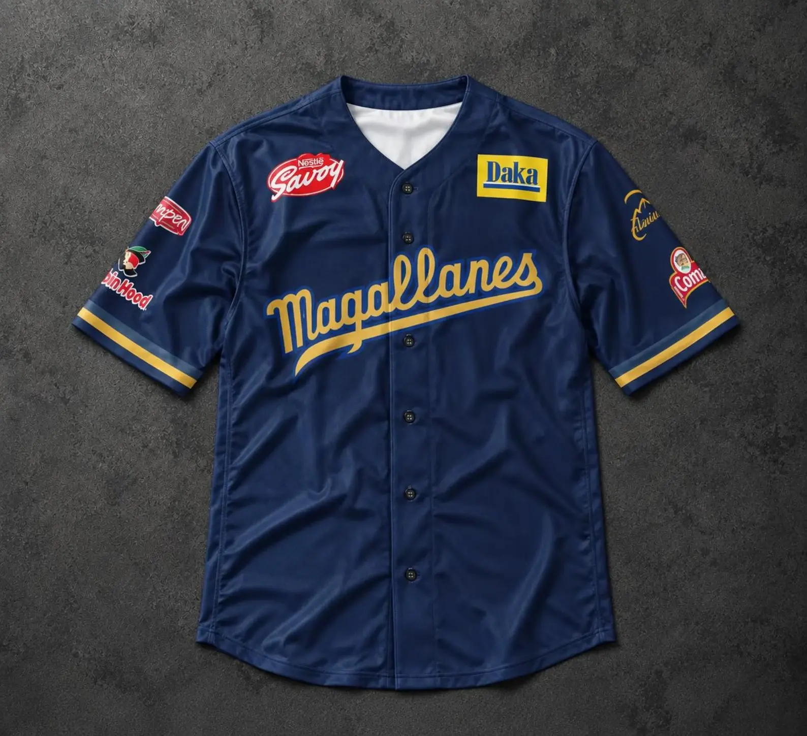 Magallanes Baseball Jersey Navy Blue with Yellow Accents and Sponsor Logos