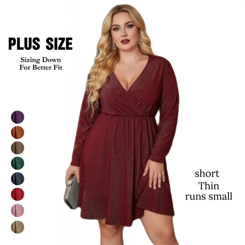Plus Size Women's Elegant Silver Glitter Wrap Evening Dress - Breathable Solid Fabric, High Waist, Long Sleeves, Ruffle Hem, Bridesmaid & Wedding Guest Dress, Black Option for Anniversary Events