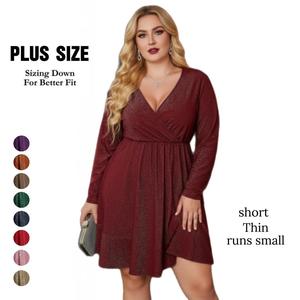 Women's Plus Size Formal Wrap Dress - Elegant Solid Black Glitter V-Neck Long Sleeve, High Waist Ruffle Hem Swing Style, Nylon-Spandex Fabric, Stretchy Breathable Soft, Flattering Fit, for Wedding Guest, Anniversary, with Matching Potential, Women's Cloth