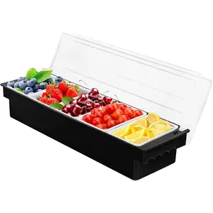 5 Compartment Plastic Dispenser Fruit Veggie Condiment Caddy with Lid Ice Cooled Condiment Serving Container Chilled Garnish Tray Bar Caddy for Home Work or Restaurant (Black)