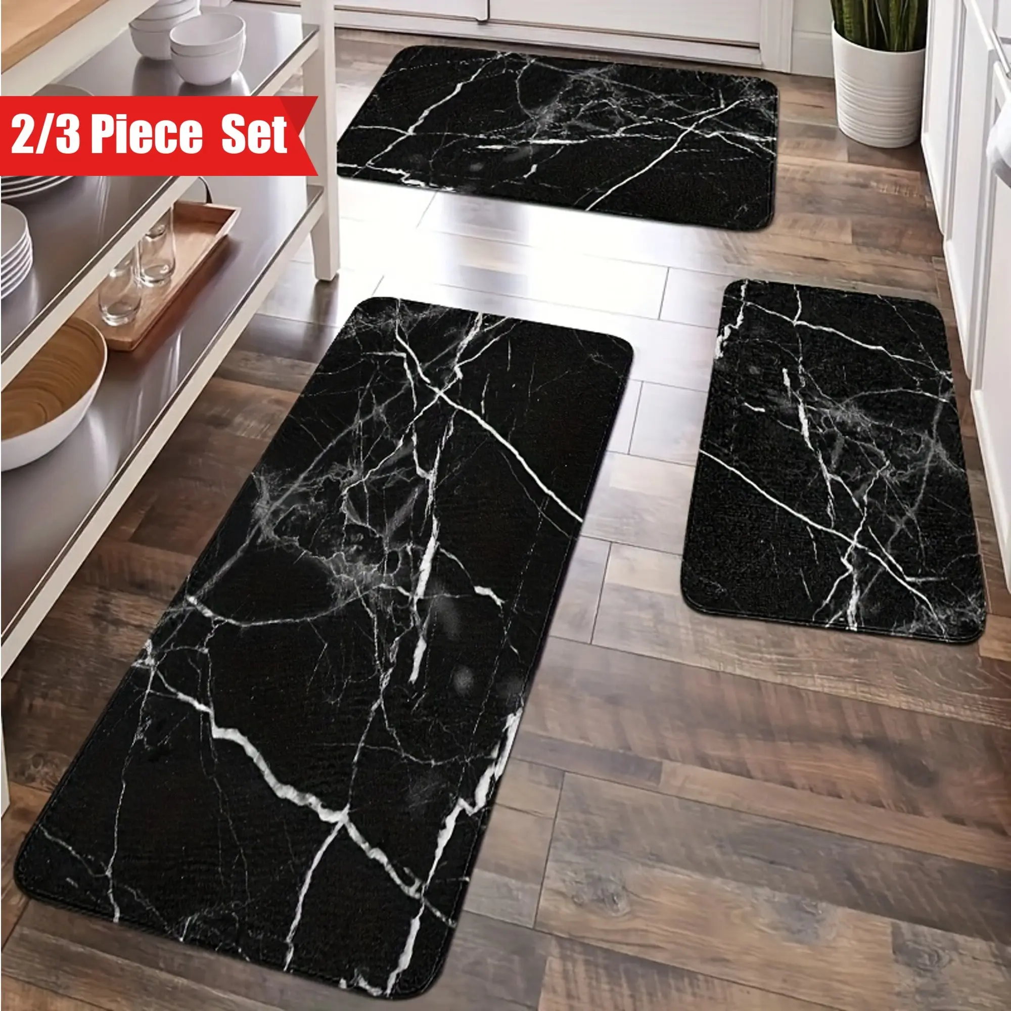 European Look 2/3-Piece Black Marble Pattern Soft Flannel Kitchen Mat Set, Comfortable Floor Rug for Kitchen, Home Areas