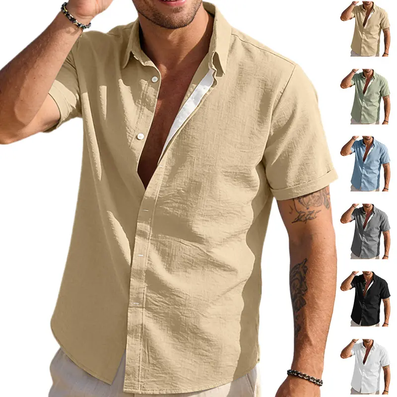 Summer washable ruched men’s short-sleeve collared shirt, fully button front, white round buttons, loose drop-shoulder fit; lightweight, breathable casual shirt for beach, home, and commuting; available in multiple solid colors.
