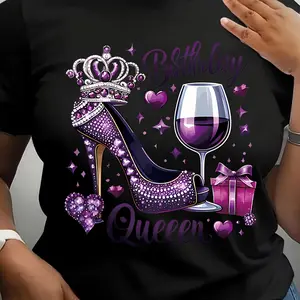 Women's Casual Crew Neck Birthday Queen T-Shirt with High Heels Glitter Purple Heart Graphic Short Sleeve Machine Washable for Summer Celebrations Print Cotton Fabric Top Womenswear