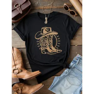 Women'S Casual Black Washed T-Shirt with Western Cowboy Boot & Hat Print - Loose Fit, Round Neck, Short Sleeve, Stretch Blend, Perfect for Spring/Summer, Western T Shirts