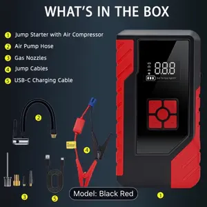Portable Car Jump Starter & 250PSI Digital Air Inflator 15000A Peak Emergency Battery Booster 14.8V Power Bank LED Flashlight Fast Charging Kit 10-in-1 Multi-Function Power Hub Black Red Edition