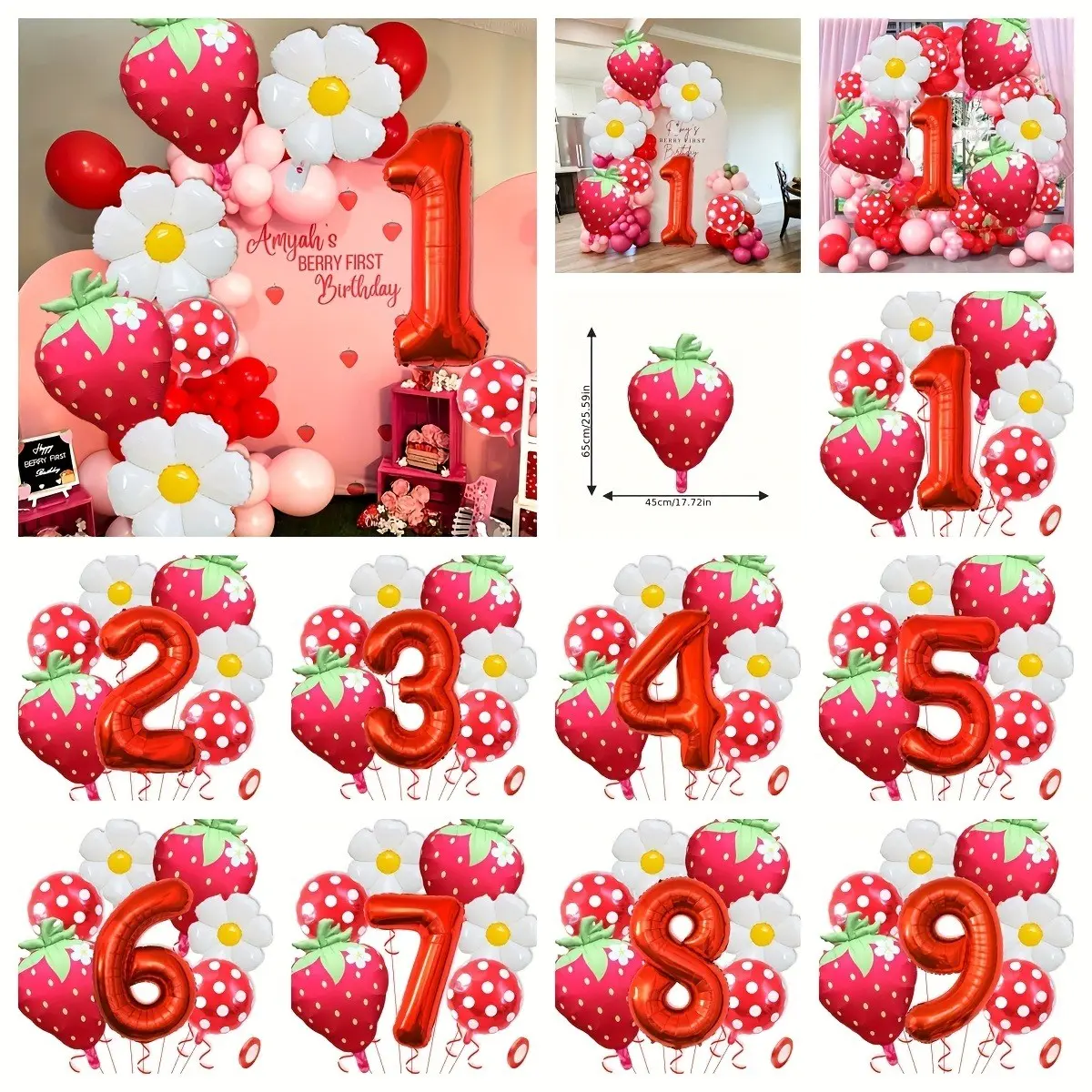 8pcs Strawberry Theme Birthday Balloon Set, and Foil Number Balloons for Party Balloons Decorations, Spring and Summer Design with Ribbon