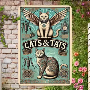 Vintage Iron Foil Engraving Sign - Cats & Tats Theme, Retro Metal Tin Wall Art for Home, Cafe, Bar, Apartment, Restaurant, Living Room Decor, Unique Holiday Gift 8x12 Inches
