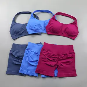 2026-Impact Shorts Sets Seamless Yoga Set Women 2Pcs Halter Sports Bra Scrunch Butt Gym Shorts Set Workout Clothes Summer Sportswear Activewear Fitness