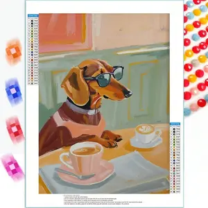 A 5D DIY Full-drill Round Diamond Painting, Frameless, Large Size,Vintage-Style Posters, Dachshund-Themed Coffee Artwork, Playful Dog Wearing Glasses. Measures 30x40cm / 11.8x15.7 Inches. Suitable for Beginners and Craft Enthusiasts. Ideal as Decorative A