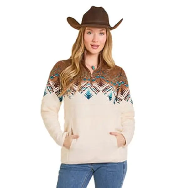 Panhandle Slim Women's Cream Border Print Berber Quarter Zip Jacket