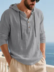 Spring Autumn Linen Hooded Men's Long Sleeve T-Shirt, Breathable Beach Henley Top, Casual Layering Tee for Men