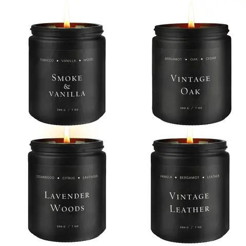 4-Pack Minimalist Jar Scented Soy Candles Set with Wood Wick - Leather/Smoke, Vanilla/Oak, Lavender Woody Scents, Cozy Room Decoration, Nature-Infused Aromatherapy Gift for Men, Man Cave Decor Items (Valentine's Day, Father's Day)