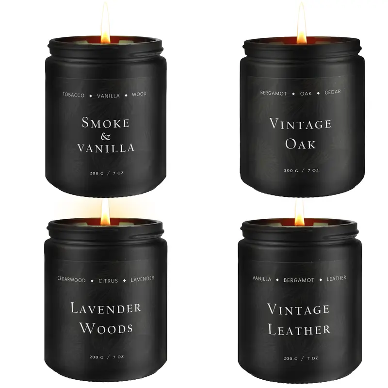 4-Pack Minimalist Jar Scented Soy Candles Set with Wood Wick - Leather/Smoke, Vanilla/Oak, Lavender Woody Scents, Cozy Room Decoration, Nature-Infused Aromatherapy Gift for Men, Man Cave Decor Items (Valentine's Day, Father's Day)