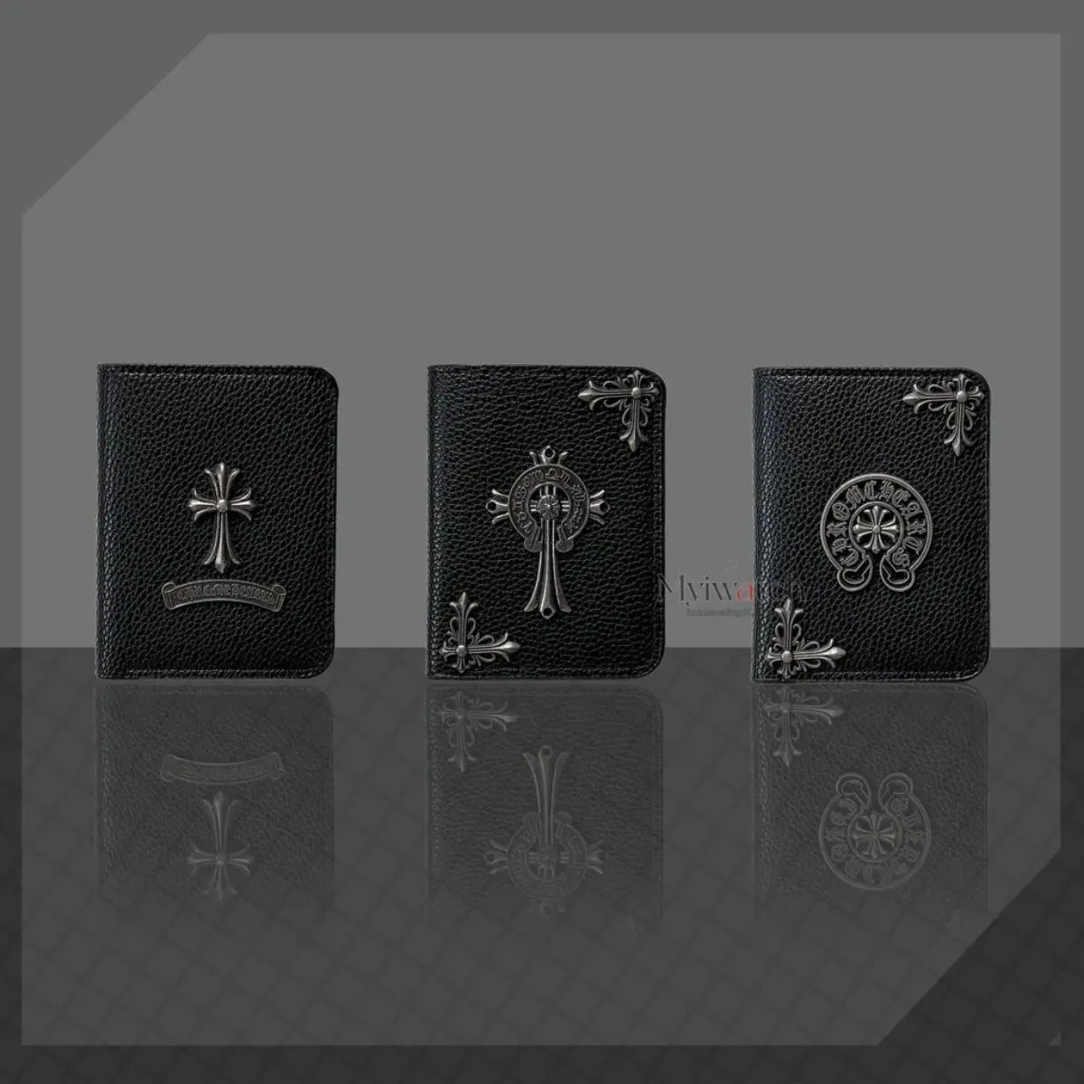 Gothic Cross Black Leather Card Holder Wallet with Metal Cross Details, Compact Bifold Wallet for Men & Women