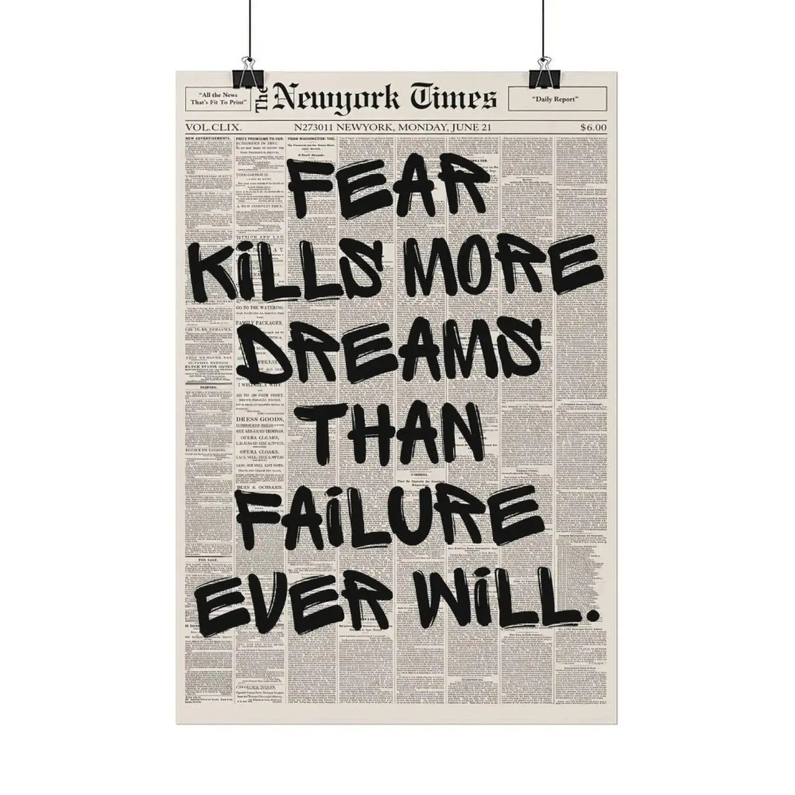 Retro "Fear Kills More Dreams Than Failure" Newspaper Poster, Motivational Wall Art, Typography Print, Uplifting Quote, Inspirational Wall Art, Office Decor, Success Mindset Decor, Entrepreneur Decor, Aesthetic Room Decor, Gift Idea