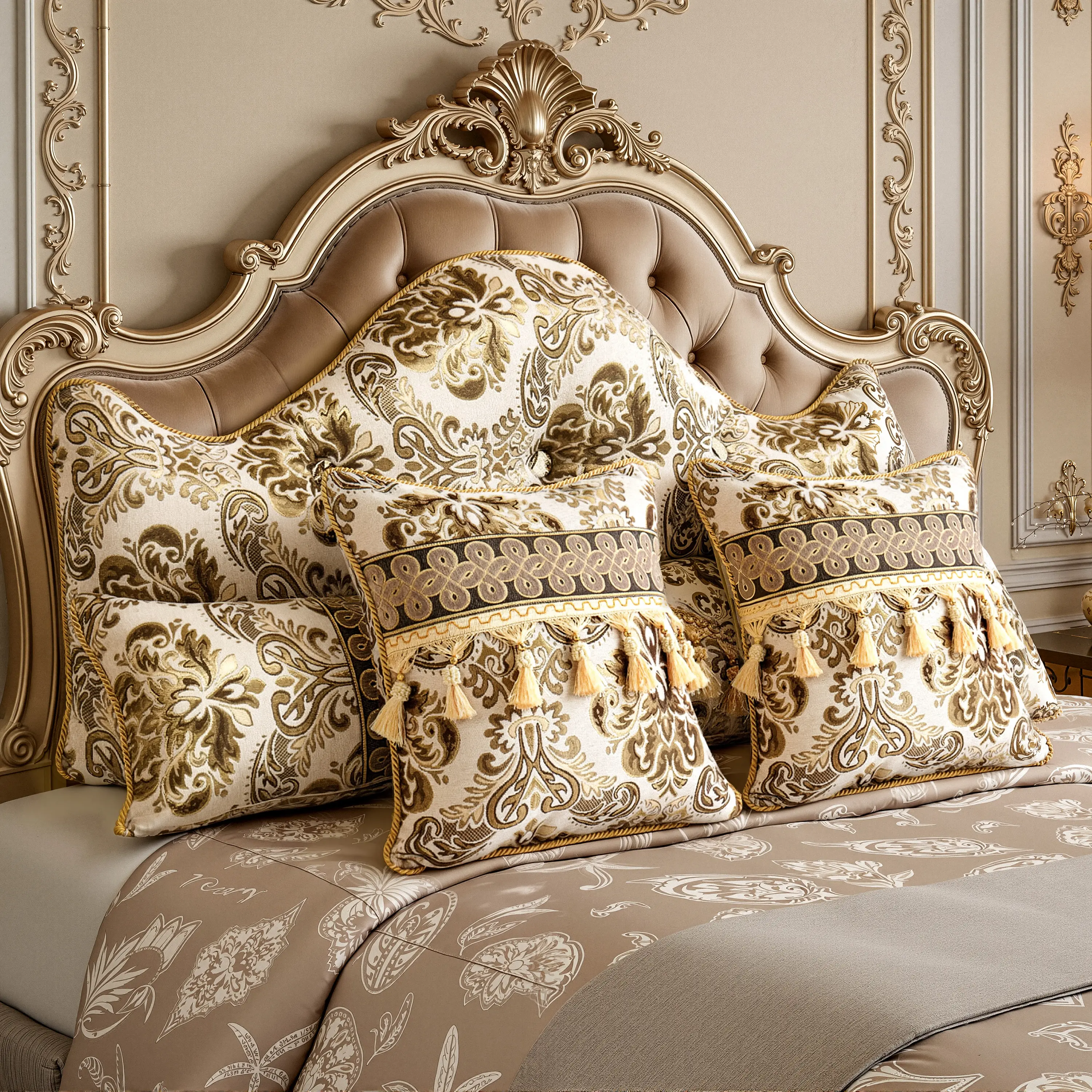 4-Piece European Style Pillow Set, Fully Stuffed Tufted Queen Bed Headrest + 2 Throw Pillows, Gold Damask Embroidered Ornate Pillows for Vintage Bedroom Decor