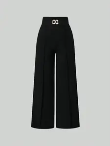 Women's Plain Wide Leg Pants with Belt, High Waist Metal Buckle Decor, Slim-Fitting Casual Business Daily Wear, Casual Fitted Trousers, Fall & Winter