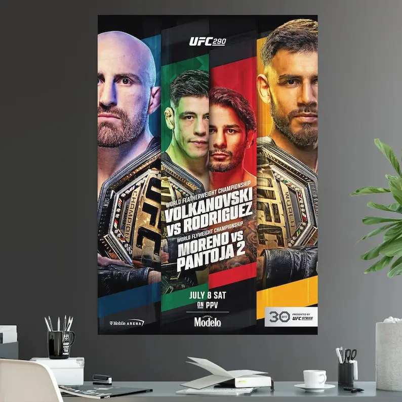 NoFramed, Poster UFC 290 Alexander Volkanovski Vs Yair Rodriguez Alexandre Pantoja Vs Brandon Moreno Featherweight Championship Title Fight Poster