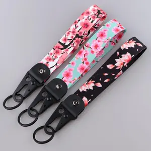 Sakura Car Keychain Cherry Blossom Lanyard Hanging Strap with Metal Key Holder Tags Car Motorcycle Key Ring Accessories Gift