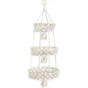 Ckhoid Macrame Hanging Fruit Basket 3 Tier Macrame Wall Hanging Cotton Woven Storage Baskets for Produce Organizing, Boho Wall Basket Decor Hanging Plant Holder Over the Door for Home L