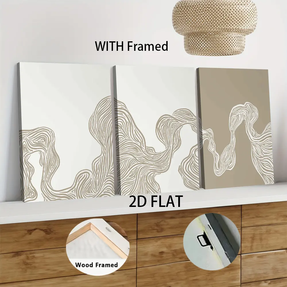 3pcs Framed  Modern Abstract Line Art Decor Painting Minimalist Nordic Style Wall Art for Living Room Solid Wood Frame Canvas Print 40x50cm Glass-Free Home Decorative Artwork 2D Flat home decor