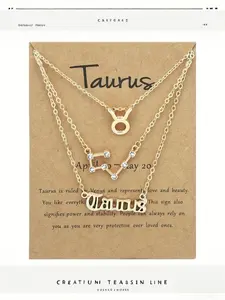 Plated 12-Zodiac Symbol Vintage Letter Star Chart Pendant Necklace, Hot-Selling Cross-Border Zodiac Card Three-Piece Necklace Set