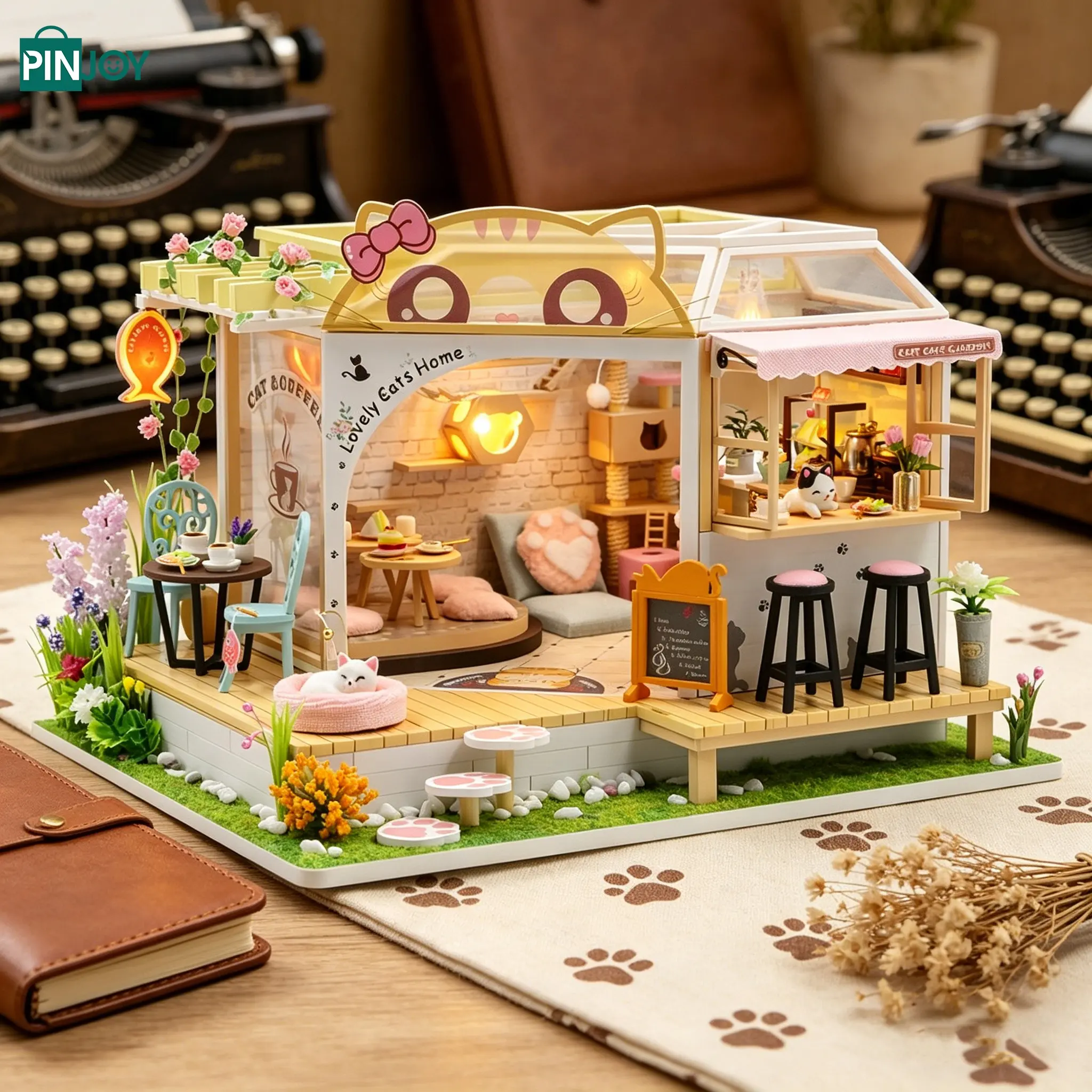 Cat Cafe Miniature House Model DIY Doll House, Creative Handmade Assembly, 3D Puzzle Microscale Decor, Adult Stress Relief Toy