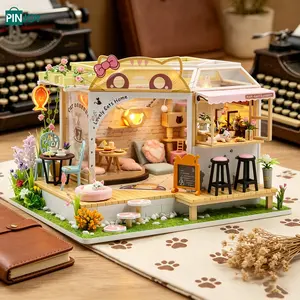 Cat Cafe Miniature House Model DIY, Creative Handmade Assembly, 3D Puzzle Microscale Decor, Adult Stress Relief Toy