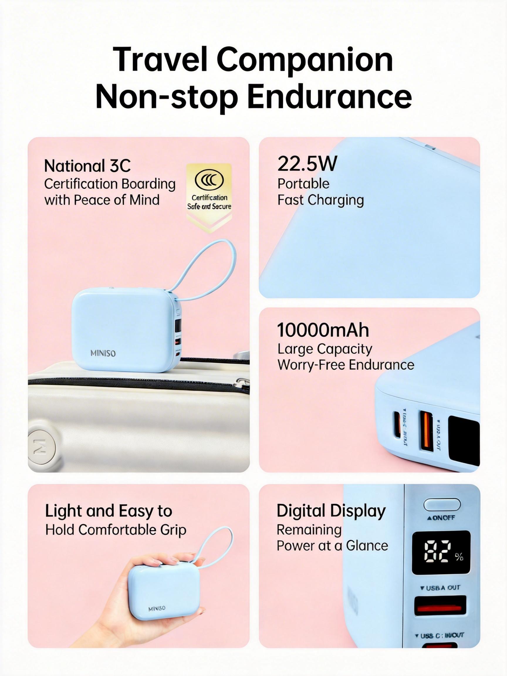 MINISO 2-in-1 Power Bank 10000mAh 22.5W Fast Charge PortableCharger High Capacity Lighter