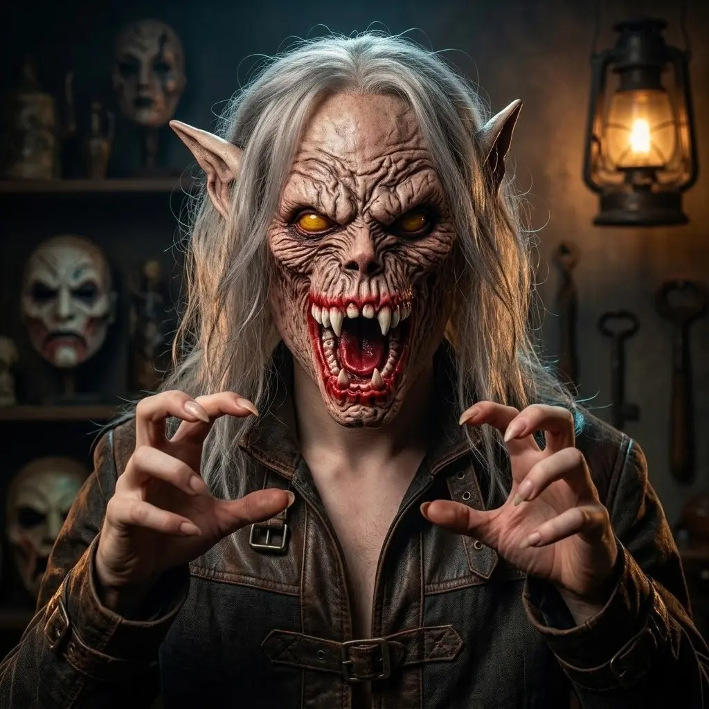 Scary Spooky Realistic Long Hair Demon Mask, Creepy Open Mouth Fangs Vampire Ghost Mask, Horror Latex Full Face Costume Prop for Halloween Cosplay Party Accessories, Party Face Masks, Cool Mask, Mask Design