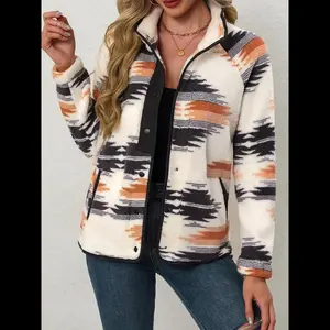Women's Fall Winter Aztec Print Casual Long Sleeve Jacket, Button Front Shirt Jacket with Pockets, Slim Fit Thick Kint Fabric Outerwear Womenswear