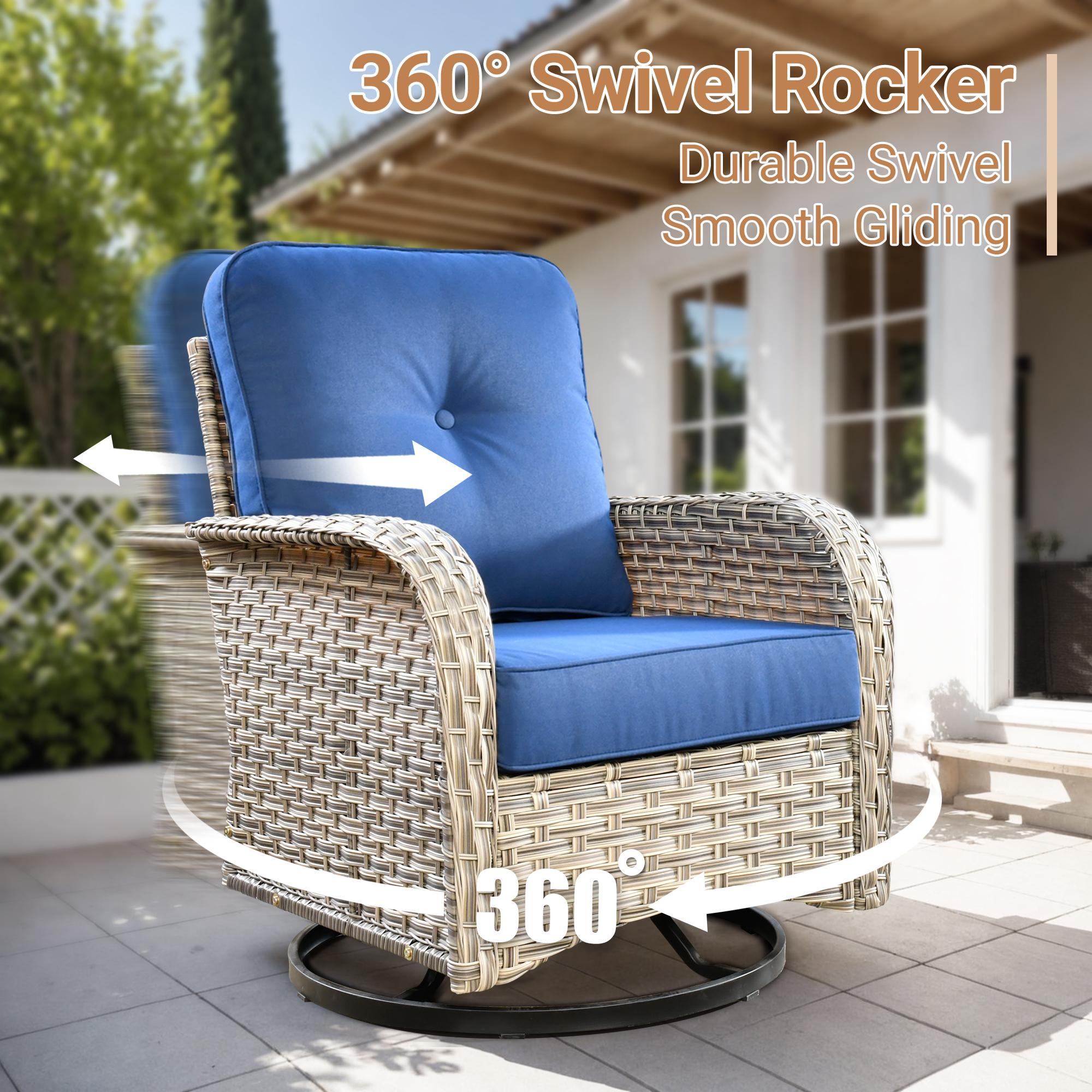 CAODOC Patio Swivel Rocking Chair Set, 3 Piece Outdoor Wicker Rattan Furniture with High Back Chairs, Thick Cushions and Side Table for Garden Porch Deck
