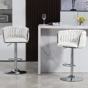 360° Fabric Cover Swivel Bar Stools Set of 2 with Adjustable Counter Height, Woven Back & Footrest, Silver Chromed Kitchen Island