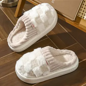 Checkered Fluffy Warm Home Cotton Slippers - Plaid Design, Soft Sole, Cozy Indoor Footwear for Winter and Fall Seasons - Girl, Women Parent Slide Stylish
