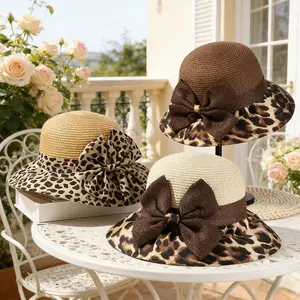 Straw woven breathable sun protection hat, bucket hat, straw hat with bow, leopard print fisherman hat.