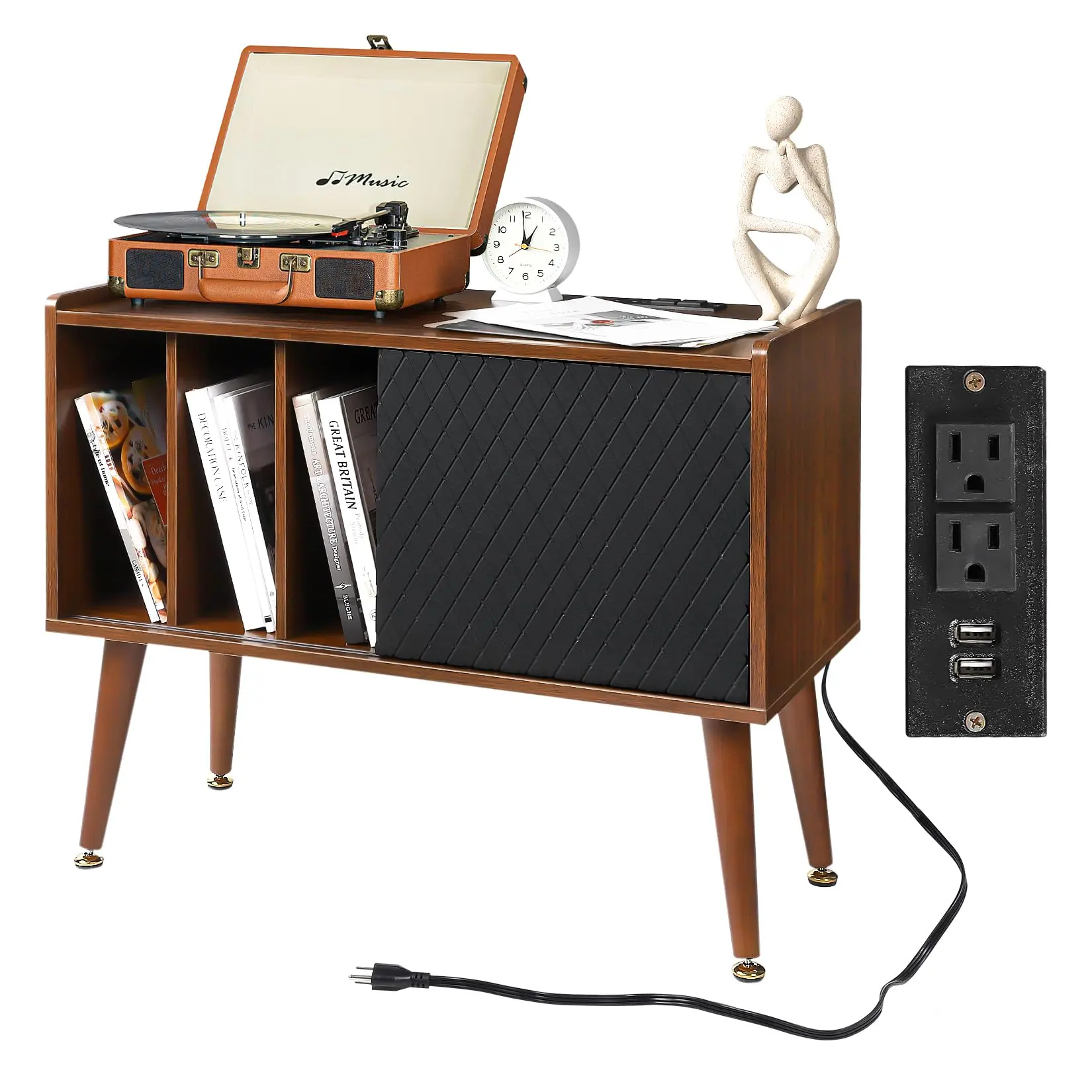 Large Record Player Stand with Charging Station, Vinyl Record Storage Cabinet with Sliding Door for Living Room Bedroom, Rustic Brown Turntable Stand Holds up to 300 Albums, End Table Sofa Side Table