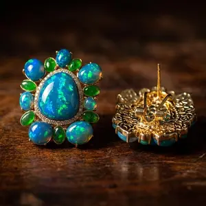 Unisex Teardrop Stud Earrings - Nomad Jewels Retro Copper Alloy Jewelry with Natural Black Opal, Emerald Accents, and Genuine Multi-Gemstone Vintage Fashion Accessory