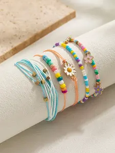 Colorful Beaded Bracelet Set, Multi-Layered Wax Cord Flower Pendant, Stylish Accessory for Women, Perfect Gift Idea
