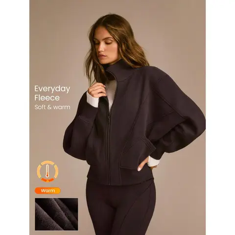 GLOWMODE Everyday Fleece WarmthSoft Warm Lightweight Front Back Seam Detailing Pockets Batwing Sleeve High Neckline Full Zip Jacket
