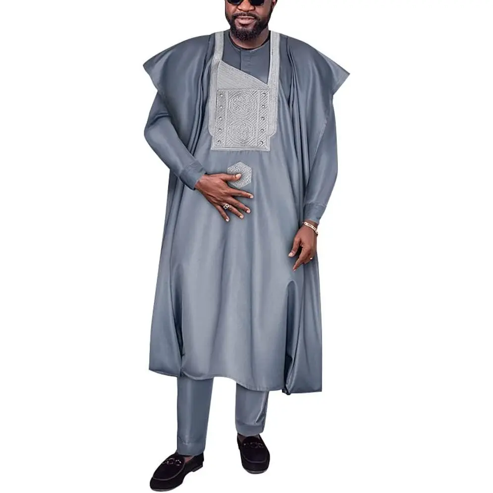African Mens Apparel Agbada Clothing Embroidery Dashiki Shirts and Pants Outfits 3 Pieces