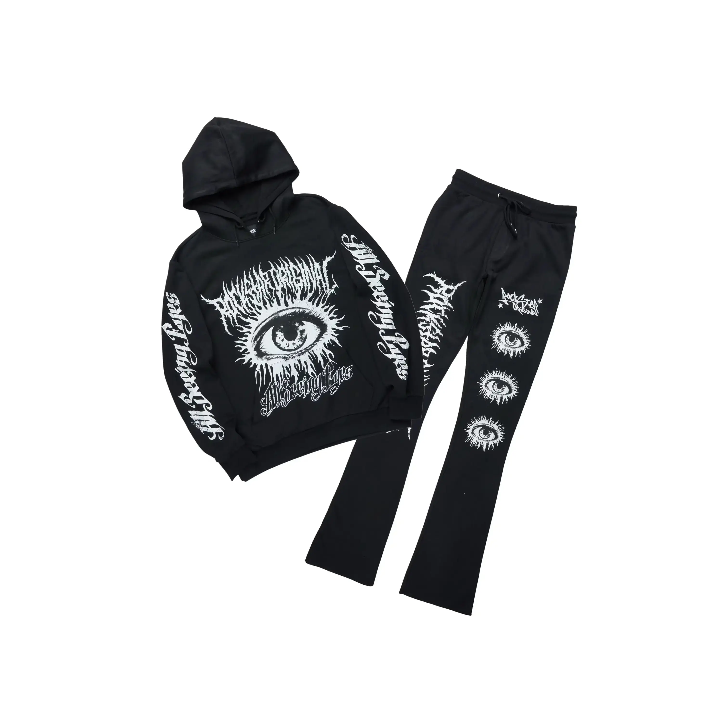 All Seeing Eyes Black Stacked Flare Track Pant Set
