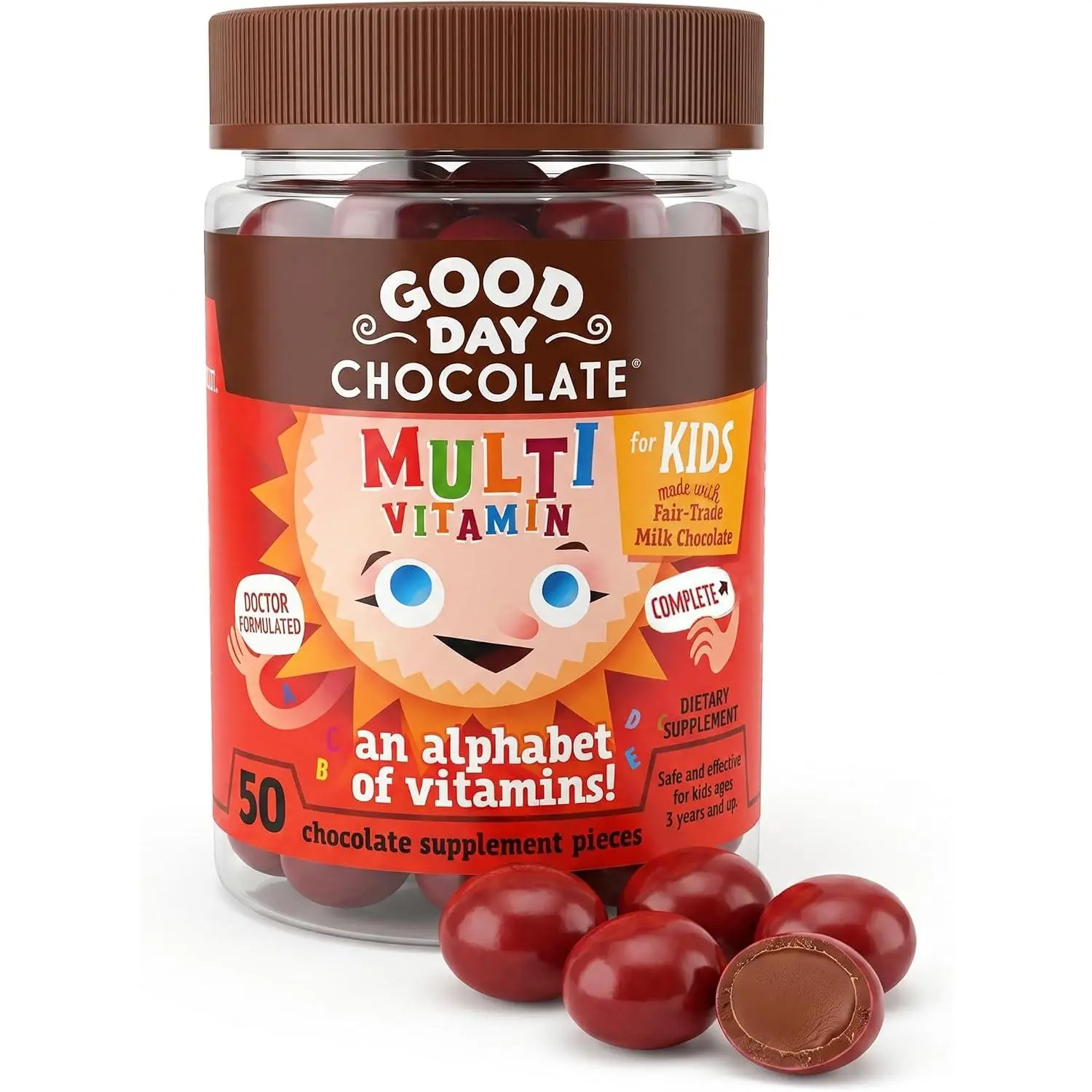 Good Day Chocolate Kids' Complete Multivitamin Chewables, Daily Supplement with Vitamins A, B6, B12, C, D, E, Folate & Biotin, Fair Trade Non-GMO Chocolate, 50 Pieces, Milk Chocolate