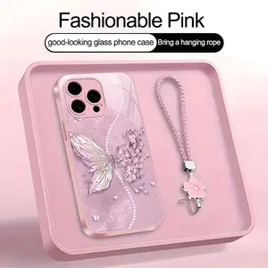 Suitable for [iPhone 16 Pro Max] high-end phone case，a beautiful four-leaf clover lanyard is included,exquisite and dreamy butterfly pattern,a variety of colors are available for you to choose from YM99