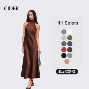 Cider Satin Maxi Dress – Halter Neckline Backless Open Back, Women's Elegant Minimalist Formal Evening Gown, 90s Chic Party Clubbing Wedding Guest Dress, Summer Fluid Fit