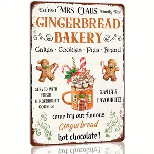 8x12 in Vintage Mrs Claus Gingerbread Bakery Metal Sign - Rustic, Distressed, Durable, Easy-to-Hang Christmas Winter Wall Decor for Kitchen, Farmhouse Home Supplies
