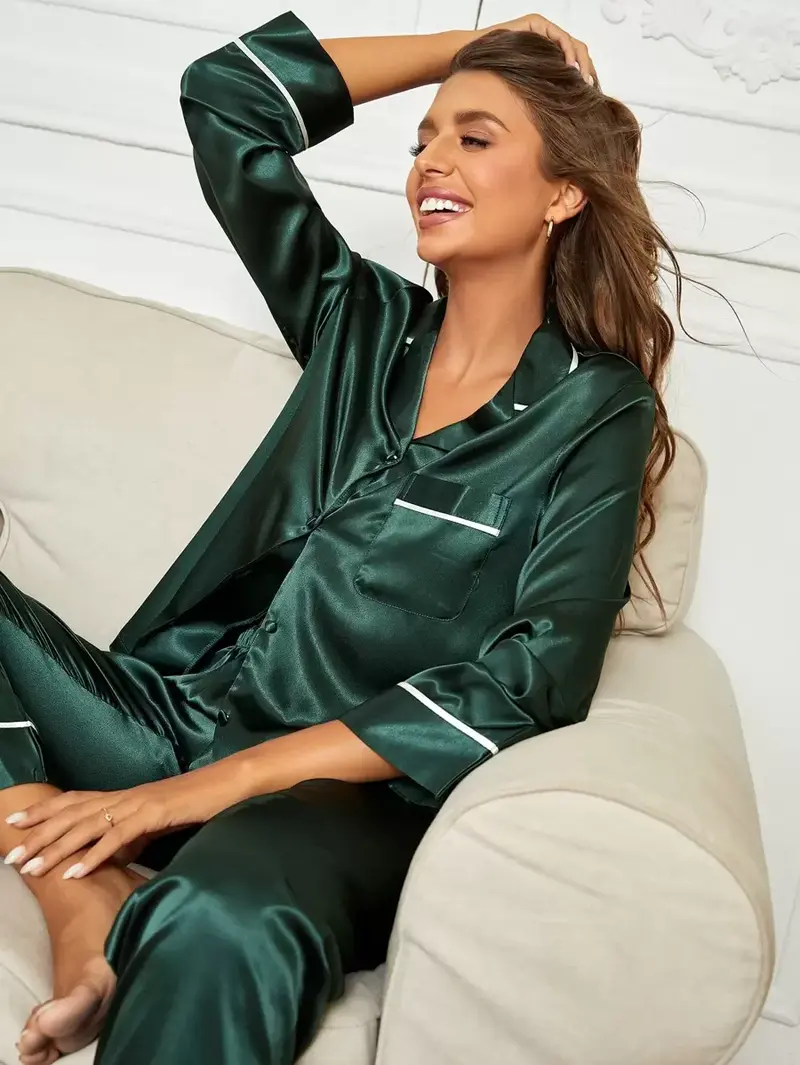 Moireta Button Front Lapel Collar Satin PJ Set / Pajama Set, Fall Clothes Cozy And Elegant Details