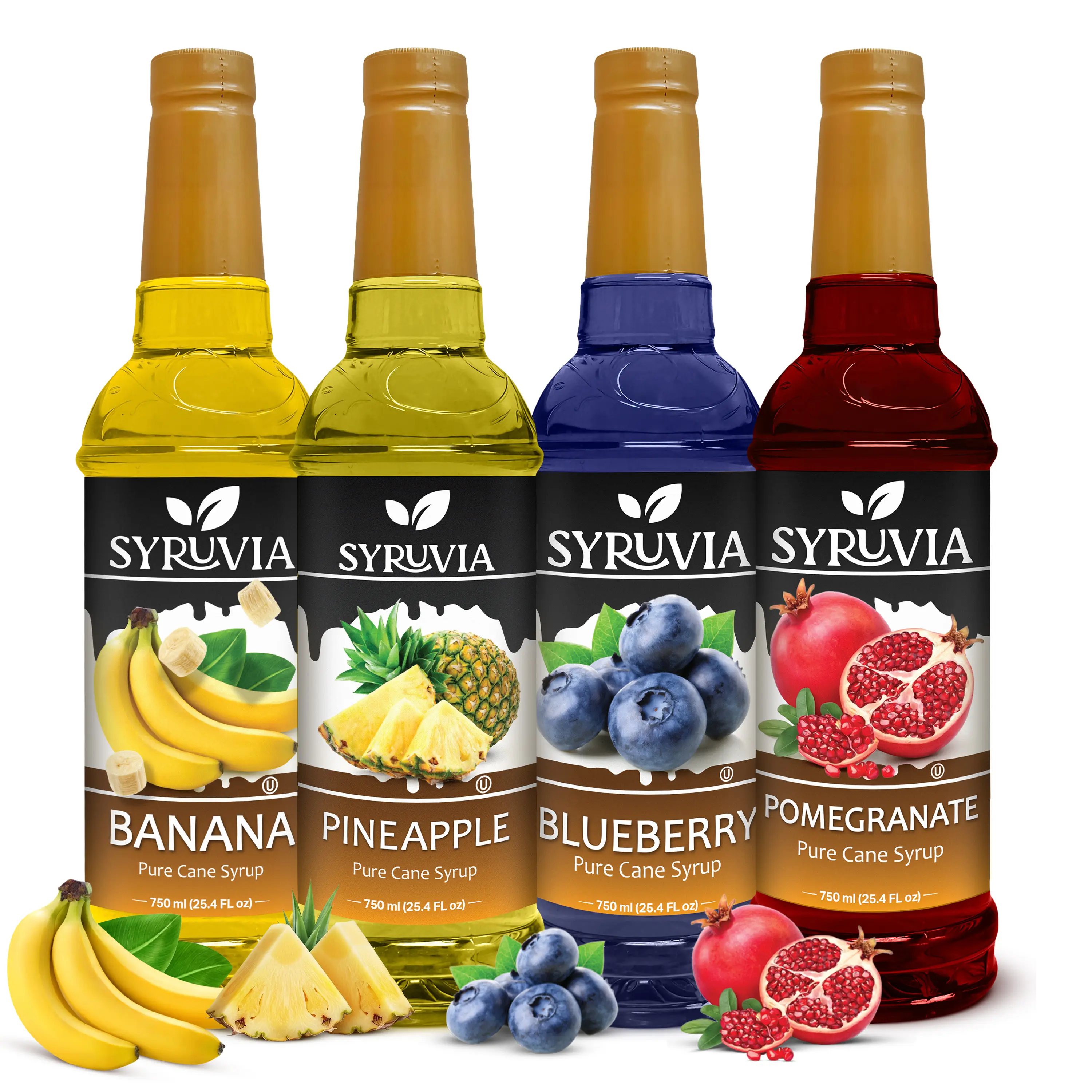 Syruvia Fruit Flavors Variety Pack – Banana, Pineapple, Blueberry & Pomegranate Syrup – Perfect for Cocktails, Lemonade,  Iced Tea & Beverages – 25.4 Fl oz Bottles (4 Pack)