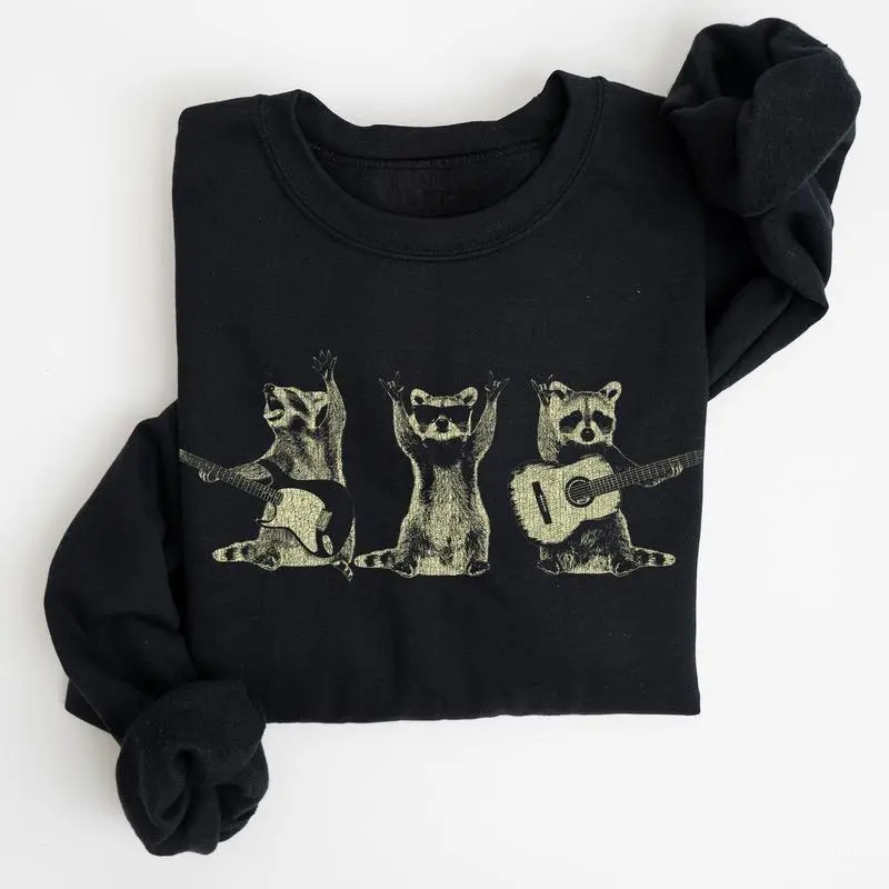 Raccoon Band, Playing Guitar, Funny Animals Sweatshirt, Crew Neck, Crewneck, Soft Unisex Graphic Casual, For Women