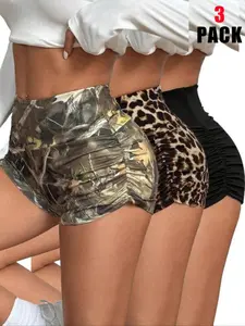 Women's Camo Print Leopard Skinny Fit Shorts, Casual Comfy Breathable Shorts for Daily Wear, Ladies Bottoms for All Seasons Style Womenswear