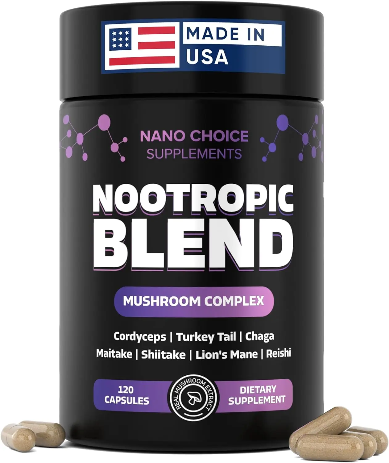 Nano Choice Nootropic Blend - Mushroom Complex Supplement for Brain, Focus, Productivity & Immune Support | Non-GMO, Vegan, Made in USA | 120 Capsules Fitness Edible Dietary Healthcare